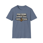Blue Comfort Colors cotton unisex t-shirt with "Fish More. Stress Less. Reel FSHN" graphic and fishing hook.