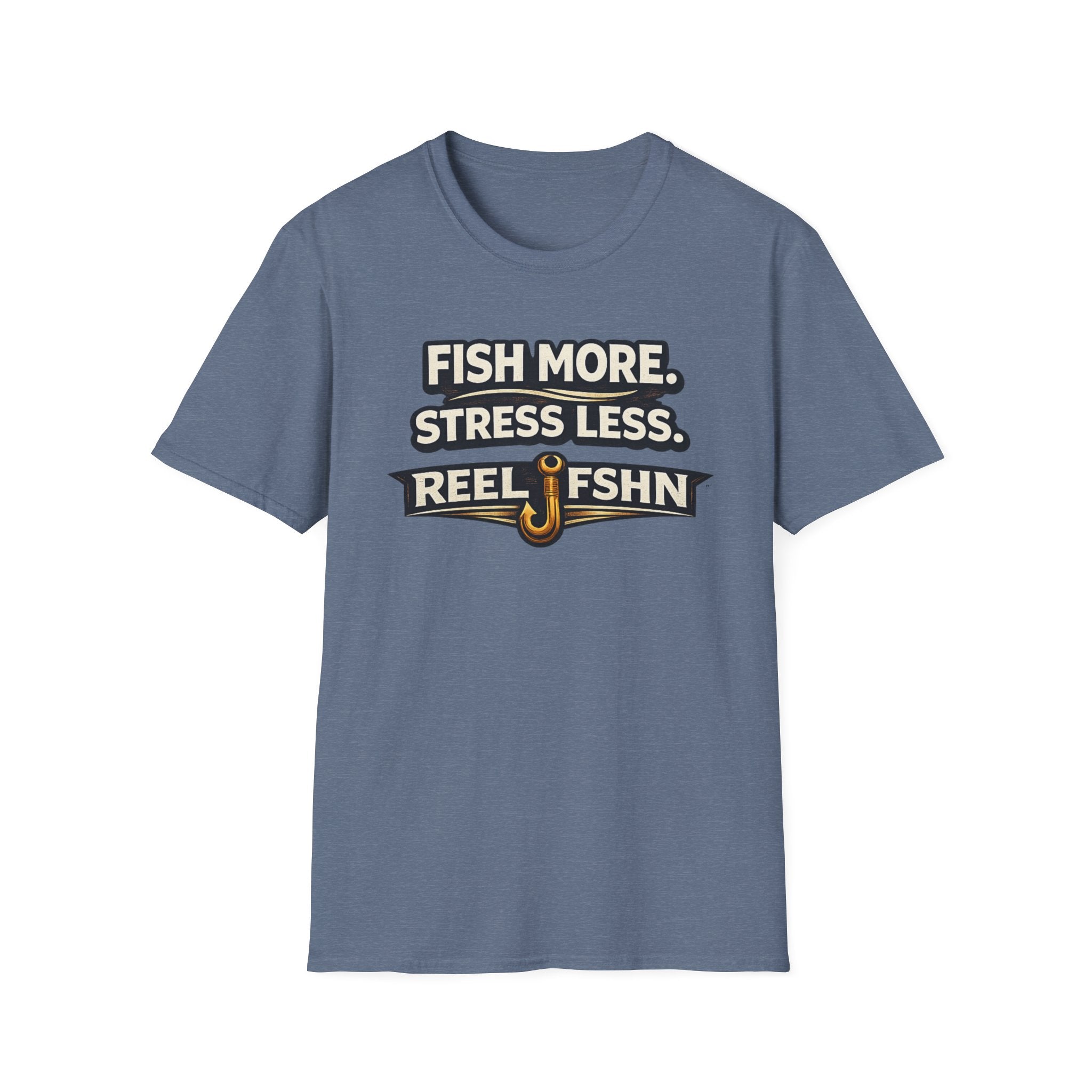 Blue Comfort Colors cotton unisex t-shirt with "Fish More. Stress Less. Reel FSHN" graphic and fishing hook.