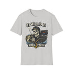 Light gray unisex Comfort Colors t-shirt with a "Fish or Die" skull fishing graphic, rod, net, and fish finder.