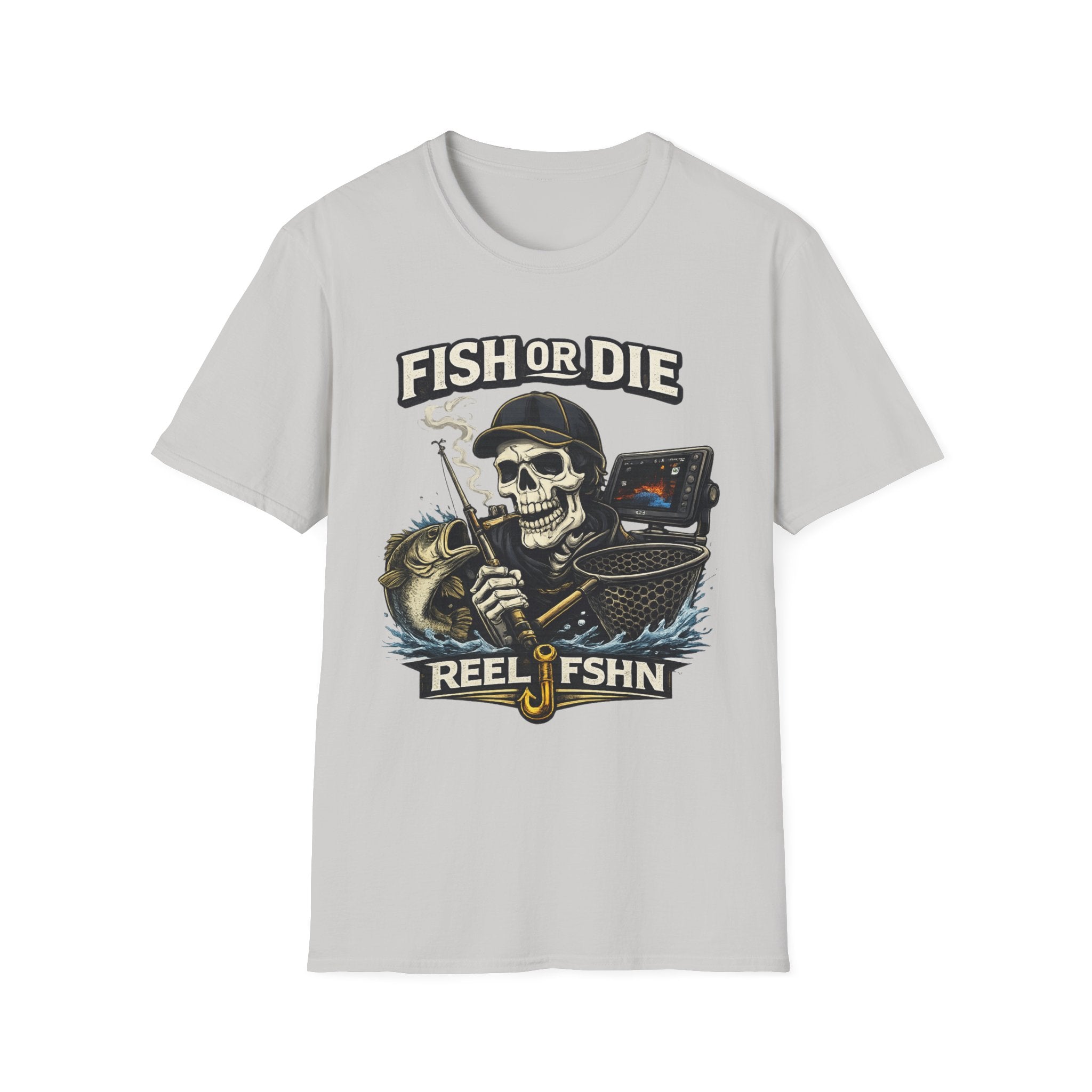 Light gray unisex Comfort Colors t-shirt with a "Fish or Die" skull fishing graphic, rod, net, and fish finder.