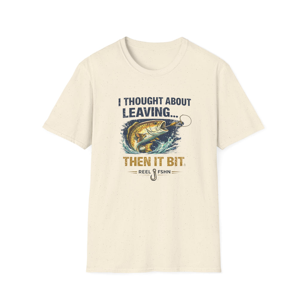Comfort Colors natural cotton tee with "I Thought About Leaving, Then It Bit" fishing graphic.