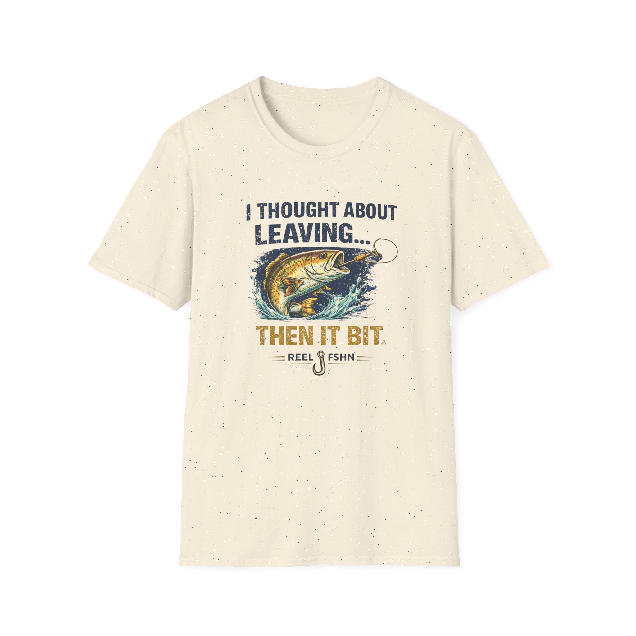Comfort Colors natural cotton tee with "I Thought About Leaving, Then It Bit" fishing graphic.