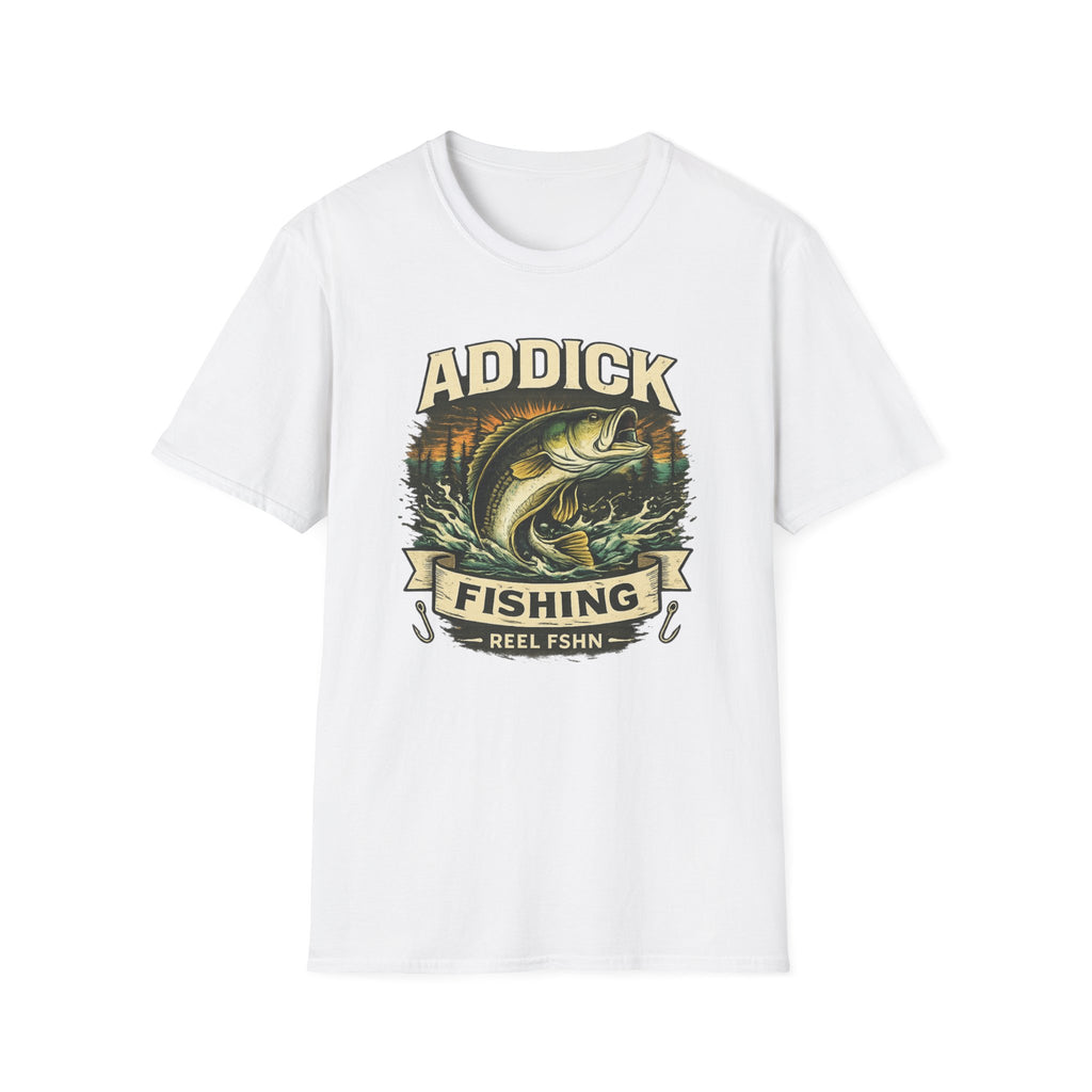 White Comfort Colors unisex t-shirt with a vintage "Addick Fishing Reel Fshn" bass graphic.
