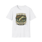 White Comfort Colors unisex t-shirt with a vintage "Addick Fishing Reel Fshn" bass graphic.