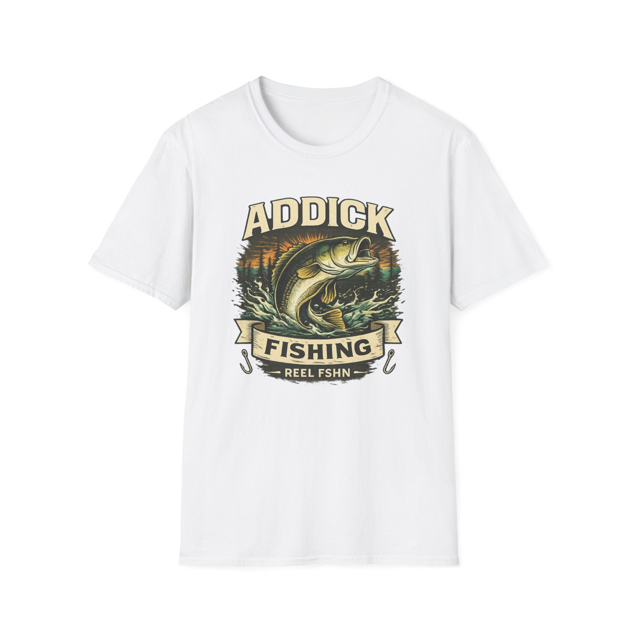 White Comfort Colors unisex t-shirt with a vintage "Addick Fishing Reel Fshn" bass graphic.