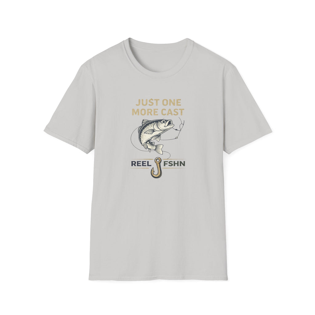 Light gray Comfort Colors unisex t-shirt with "Just One More Cast" text, a fish on a hook, and "REEL FSHN" design.