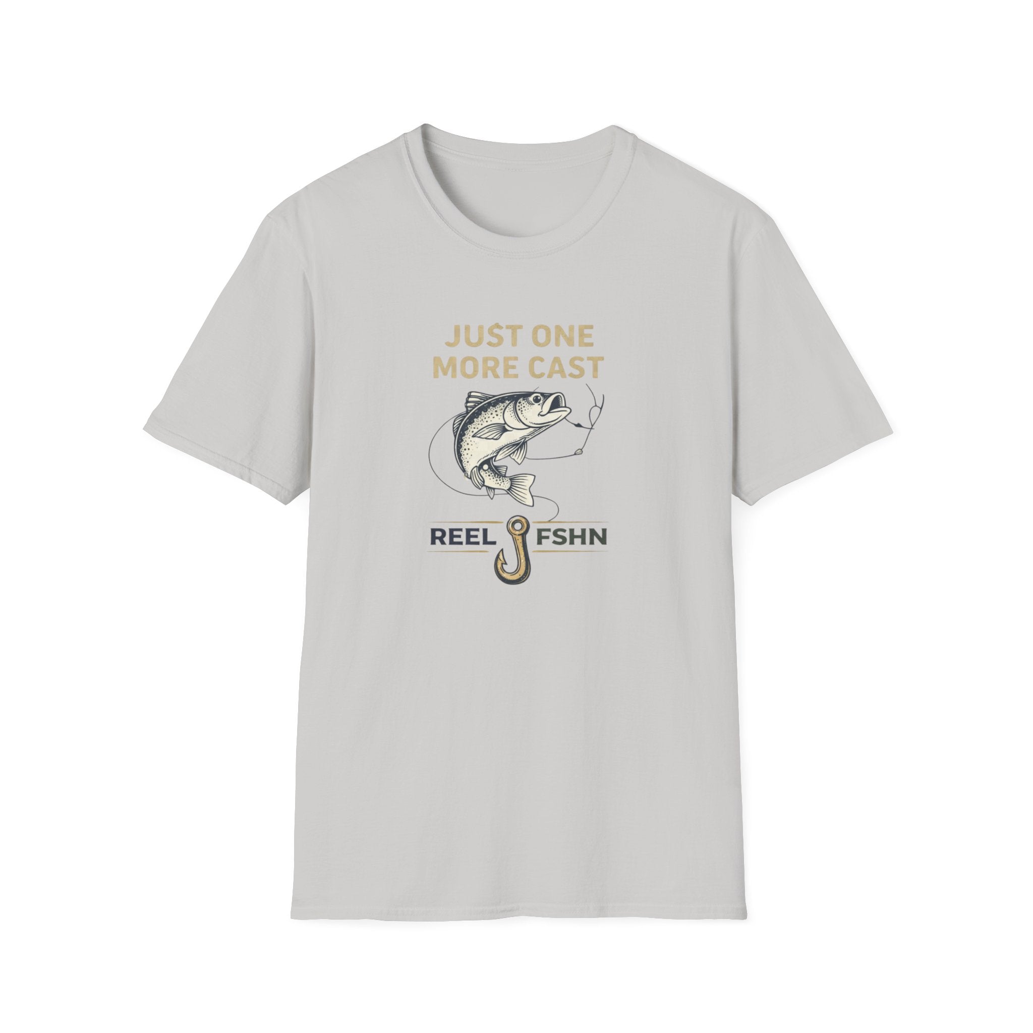Light gray Comfort Colors unisex t-shirt with "Just One More Cast" text, a fish on a hook, and "REEL FSHN" design.