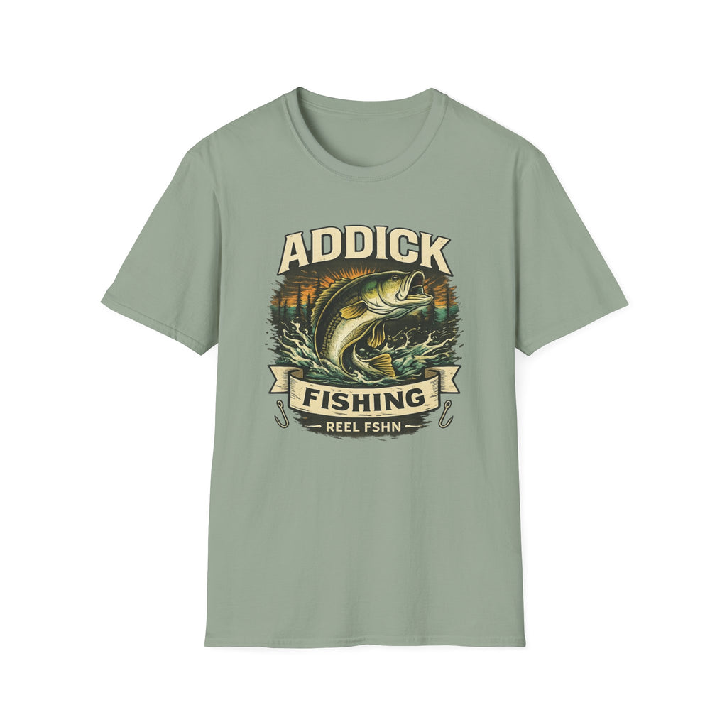 Sage green Comfort Colors unisex t-shirt with "Addick Fishing" graphic featuring a jumping bass and sunset.