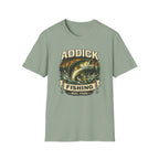 Sage green Comfort Colors unisex t-shirt with "Addick Fishing" graphic featuring a jumping bass and sunset.