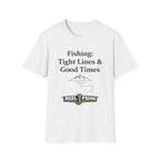 White Comfort Colors unisex t-shirt with "Fishing: Tight Lines & Good Times" text and a fishing hook logo.