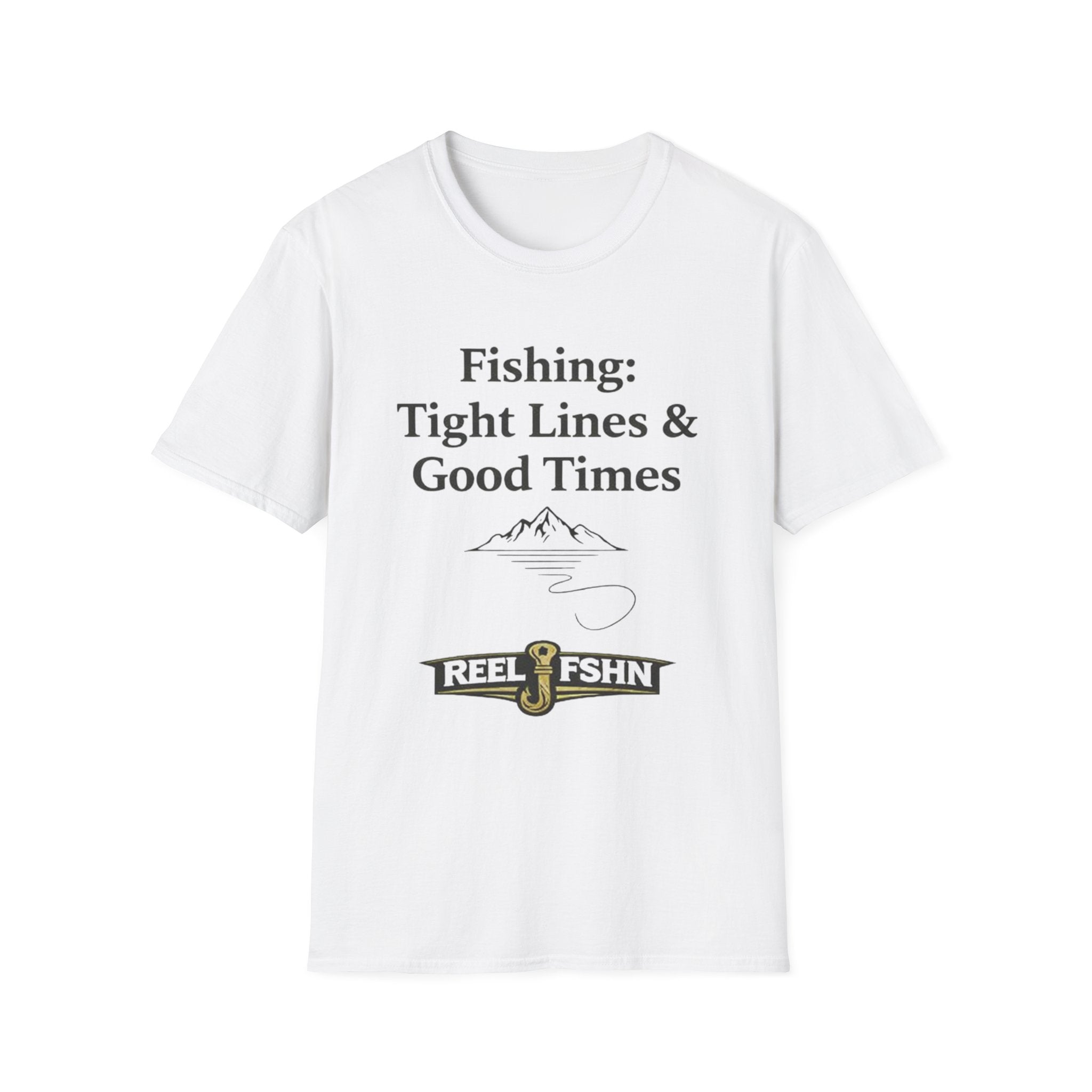 White Comfort Colors unisex t-shirt with "Fishing: Tight Lines & Good Times" text and a fishing hook logo.