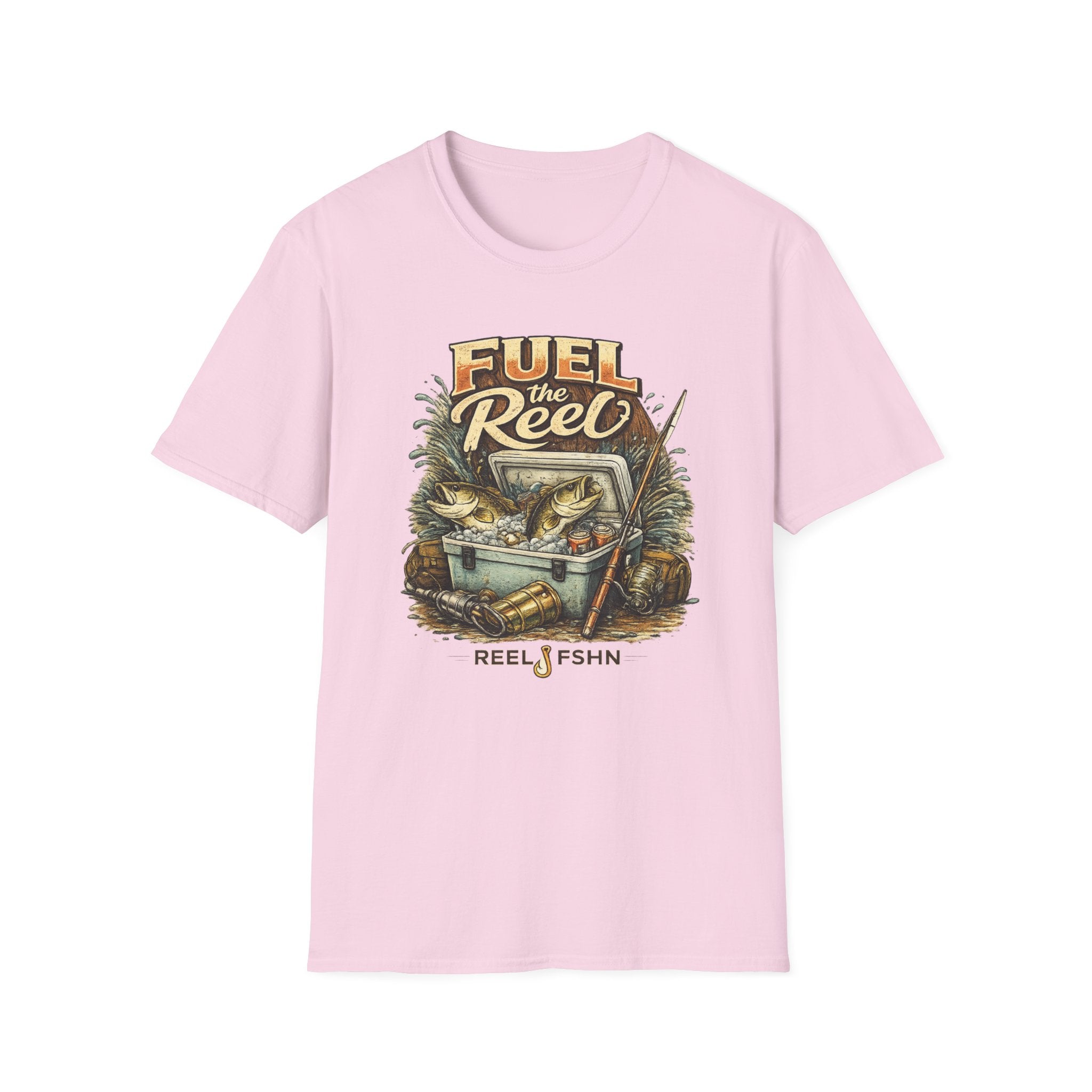 Light pink unisex Comfort Colors t-shirt with "Fuel the Reel" fishing graphic.
