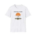 White Comfort Colors t-shirt with "FROM DOCK TO DAWN" text, fishing rod, and "REEL FSHN" logo.