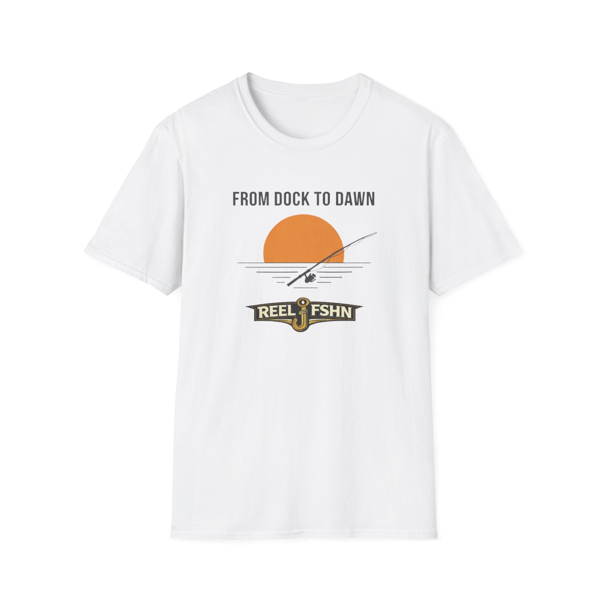 White Comfort Colors t-shirt with "FROM DOCK TO DAWN" text, fishing rod, and "REEL FSHN" logo.