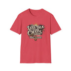 Heather red Comfort Colors t-shirt with "Less Talk More Casts" fishing graphic.