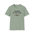 Sage green Comfort Colors t-shirt with "FISHING IS THE PLAN" and "REEL FSHN" graphic.