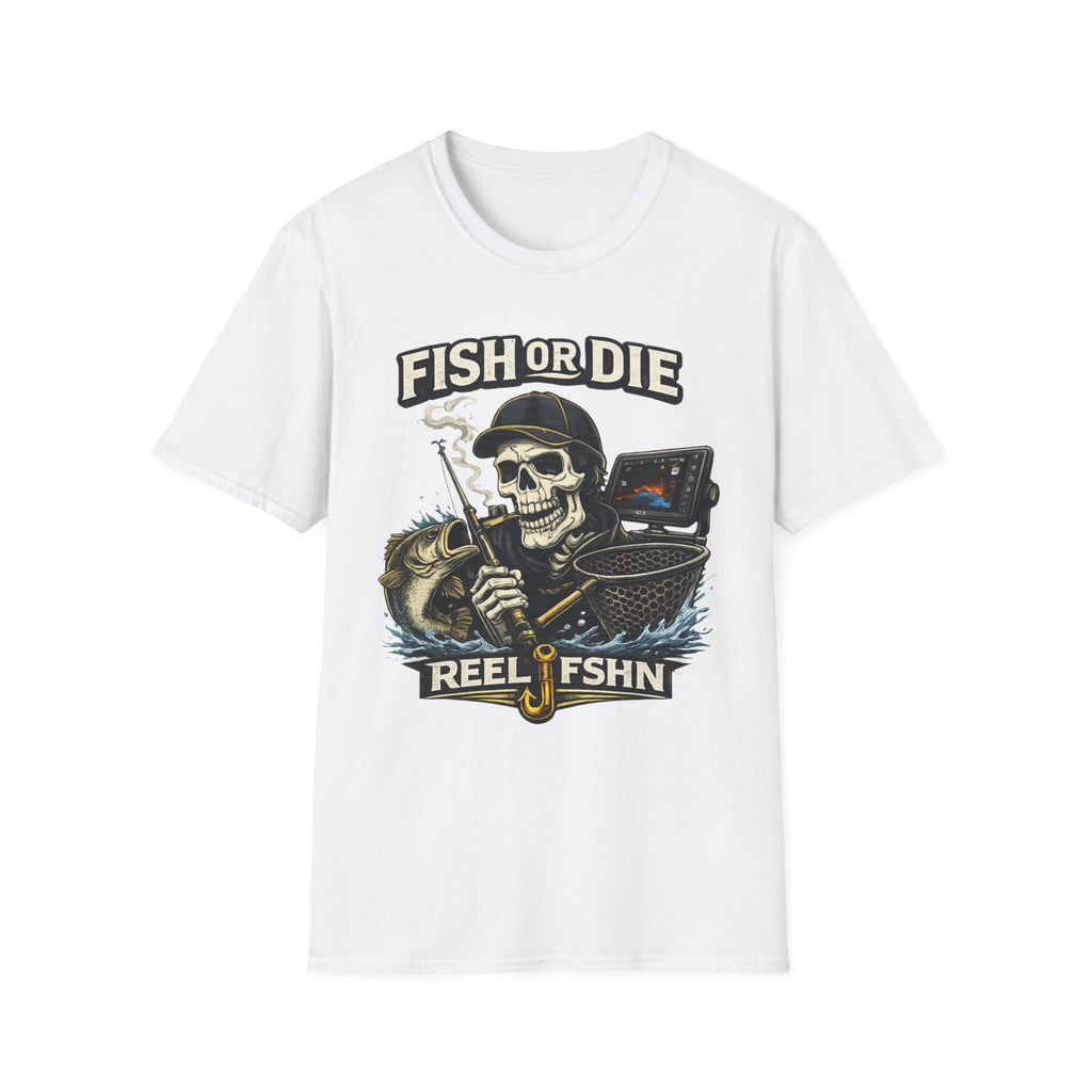 White unisex Comfort Colors cotton t-shirt with a "Fish or Die" skull fishing graphic, rod, net, and fish finder.