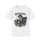 White unisex Comfort Colors cotton t-shirt with a "Fish or Die" skull fishing graphic, rod, net, and fish finder.