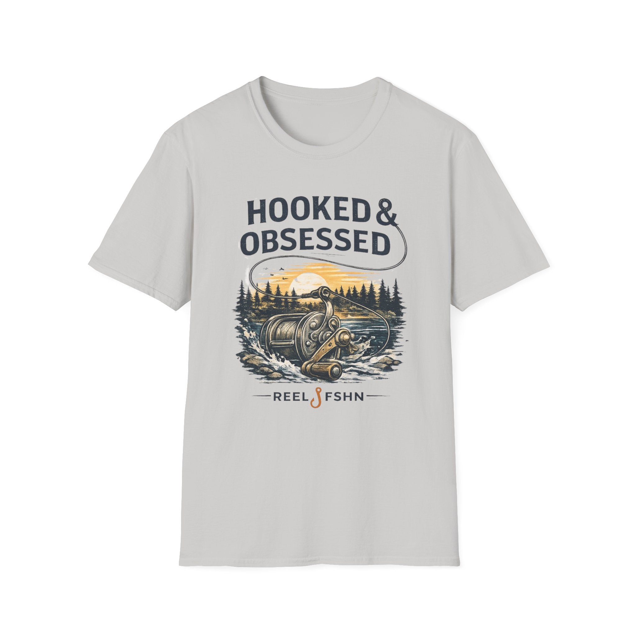 Light gray Comfort Colors unisex t-shirt with "Hooked & Obsessed" text and a fishing reel sunset graphic.