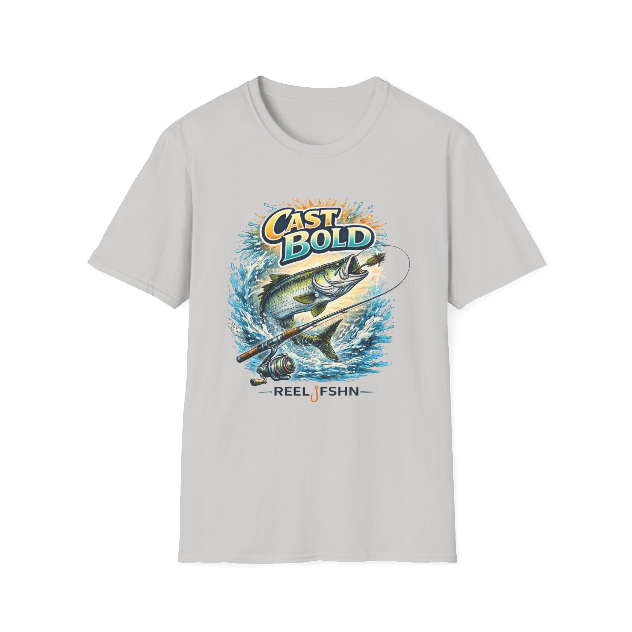 Light gray "Cast Bold" Comfort Colors t-shirt with a jumping fish, fishing rod, and "REEL FSHN" graphic.