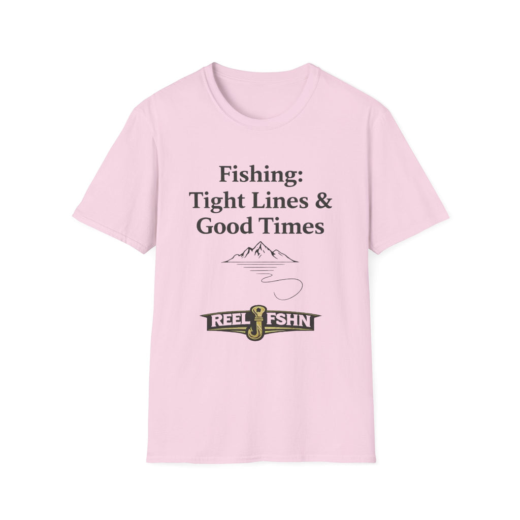 Pink Comfort Colors cotton t-shirt with "Fishing: Tight Lines & Good Times" text and a fishing hook logo.