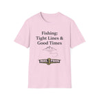 Pink Comfort Colors cotton t-shirt with "Fishing: Tight Lines & Good Times" text and a fishing hook logo.