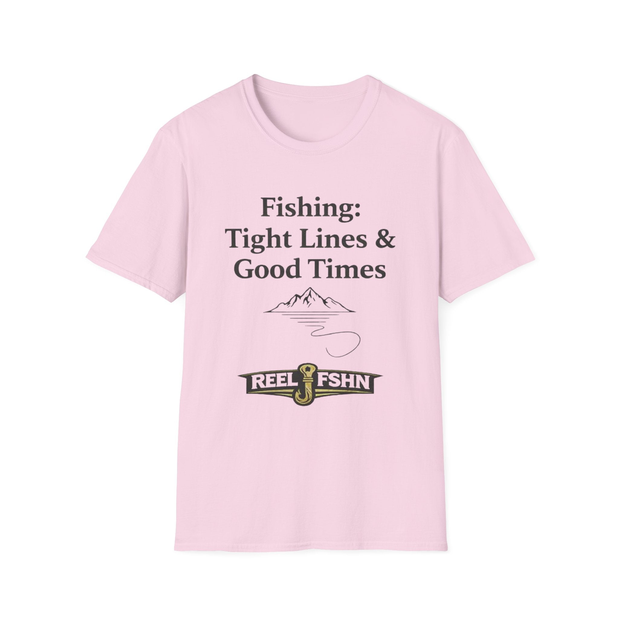 Pink Comfort Colors cotton t-shirt with "Fishing: Tight Lines & Good Times" text and a fishing hook logo.