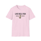 Pink Comfort Colors t-shirt with "LIVE REEL FISH" and a fishing hook graphic.