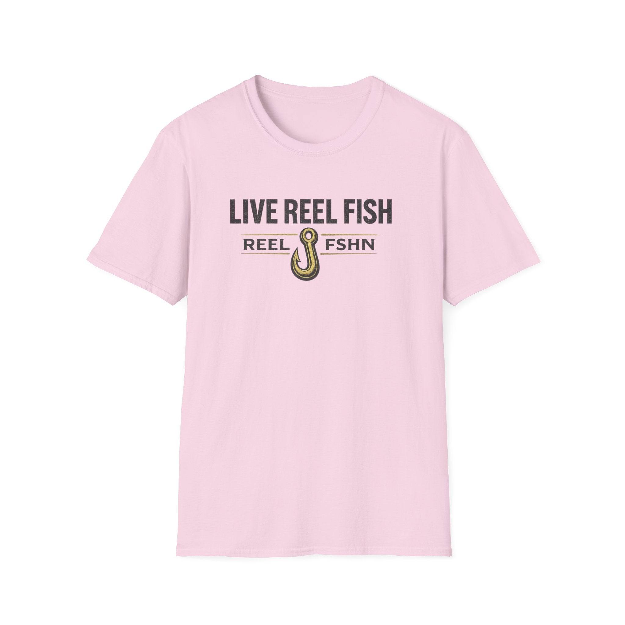 Pink Comfort Colors t-shirt with "LIVE REEL FISH" and a fishing hook graphic.