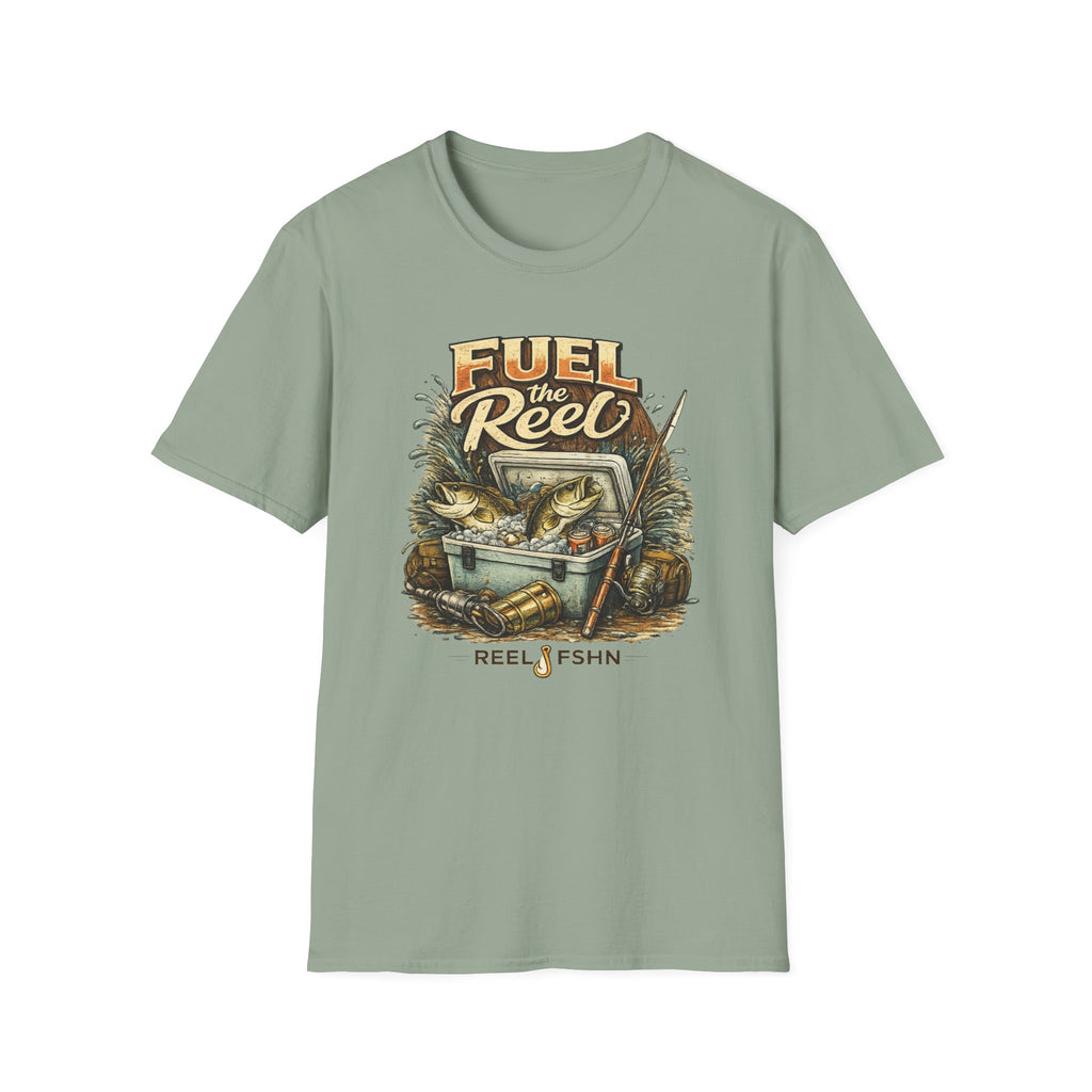 Sage green Comfort Colors unisex t-shirt with "Fuel the Reel" graphic featuring fish in a cooler and fishing gear.