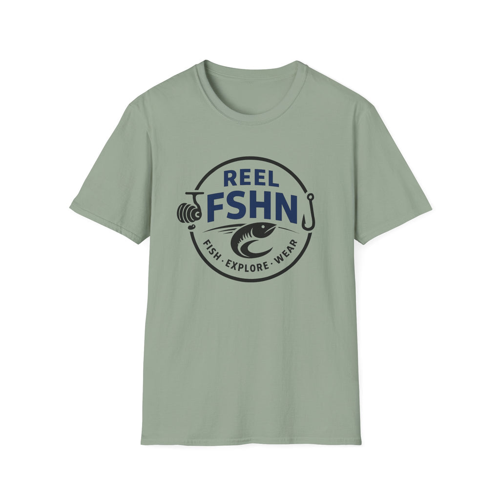 Sage green Comfort Colors t-shirt with a "REEL FSHN" fishing logo in navy and black.