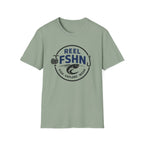 Sage green Comfort Colors t-shirt with a "REEL FSHN" fishing logo in navy and black.