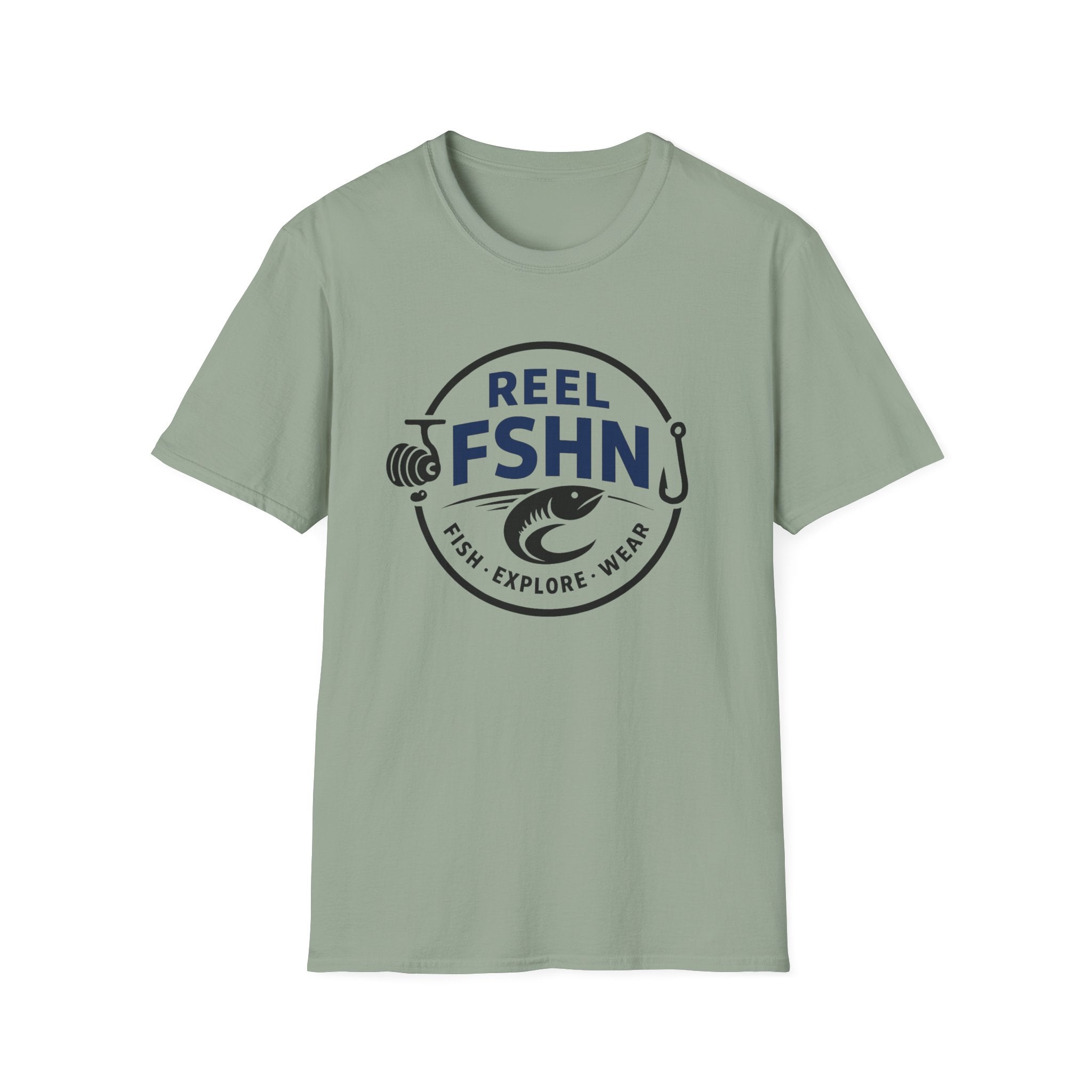 Sage green Comfort Colors t-shirt with a "REEL FSHN" fishing logo in navy and black.