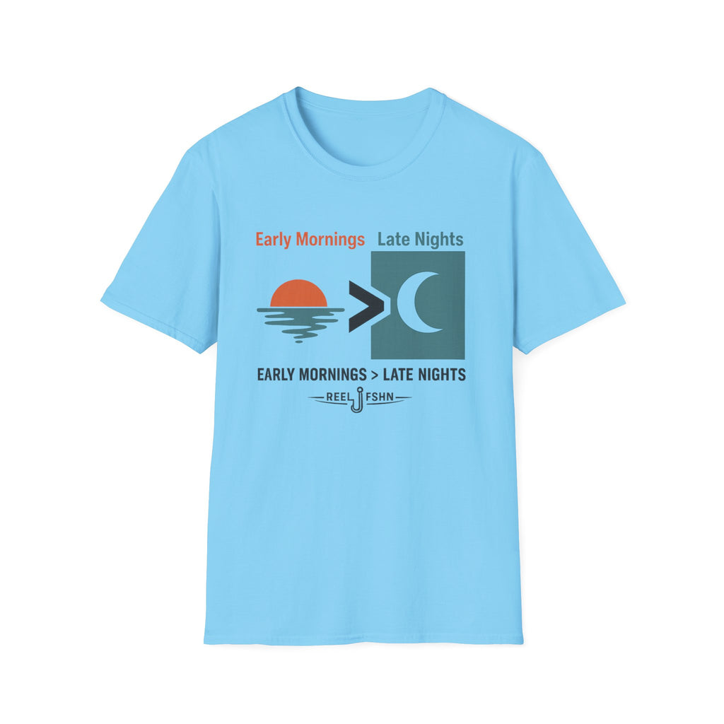 Light blue Comfort Colors unisex t-shirt with "Early Mornings > Late Nights" fishing graphic.