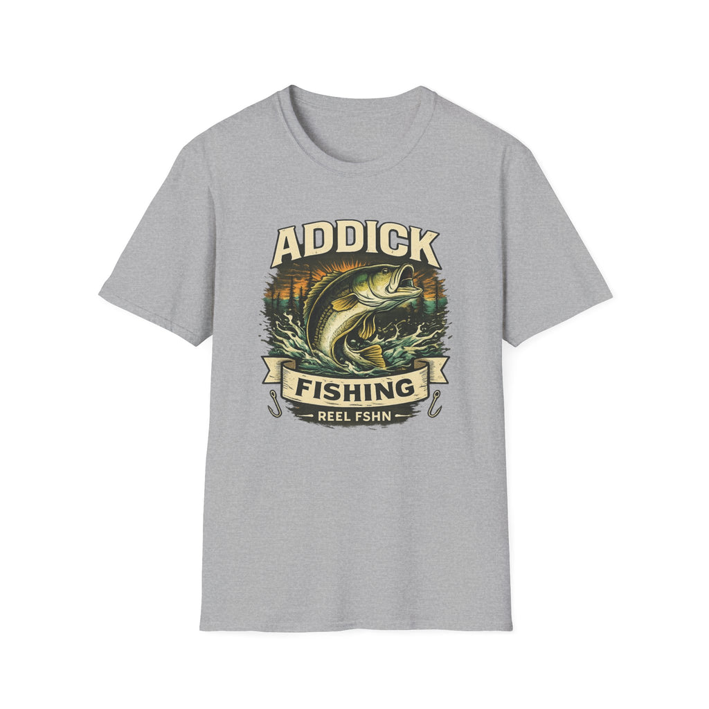 Heather gray unisex t-shirt with a colorful "Fishing Addict" bass graphic.