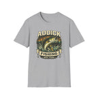 Heather gray unisex t-shirt with a colorful "Fishing Addict" bass graphic.
