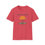 Red Comfort Colors unisex t-shirt with "From Dock To Dawn" sunset fishing graphic and "REEL FSHN" logo.