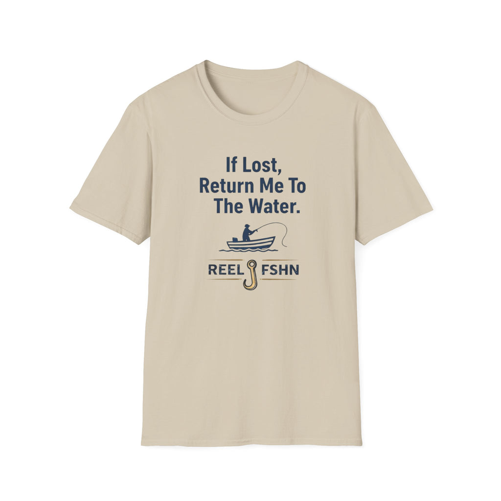 Comfort Colors sand t-shirt with "If Lost, Return Me To The Water" text, a fishing boat graphic, and "REEL FSHN" with a fishing hook.