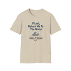 Comfort Colors sand t-shirt with "If Lost, Return Me To The Water" text, a fishing boat graphic, and "REEL FSHN" with a fishing hook.
