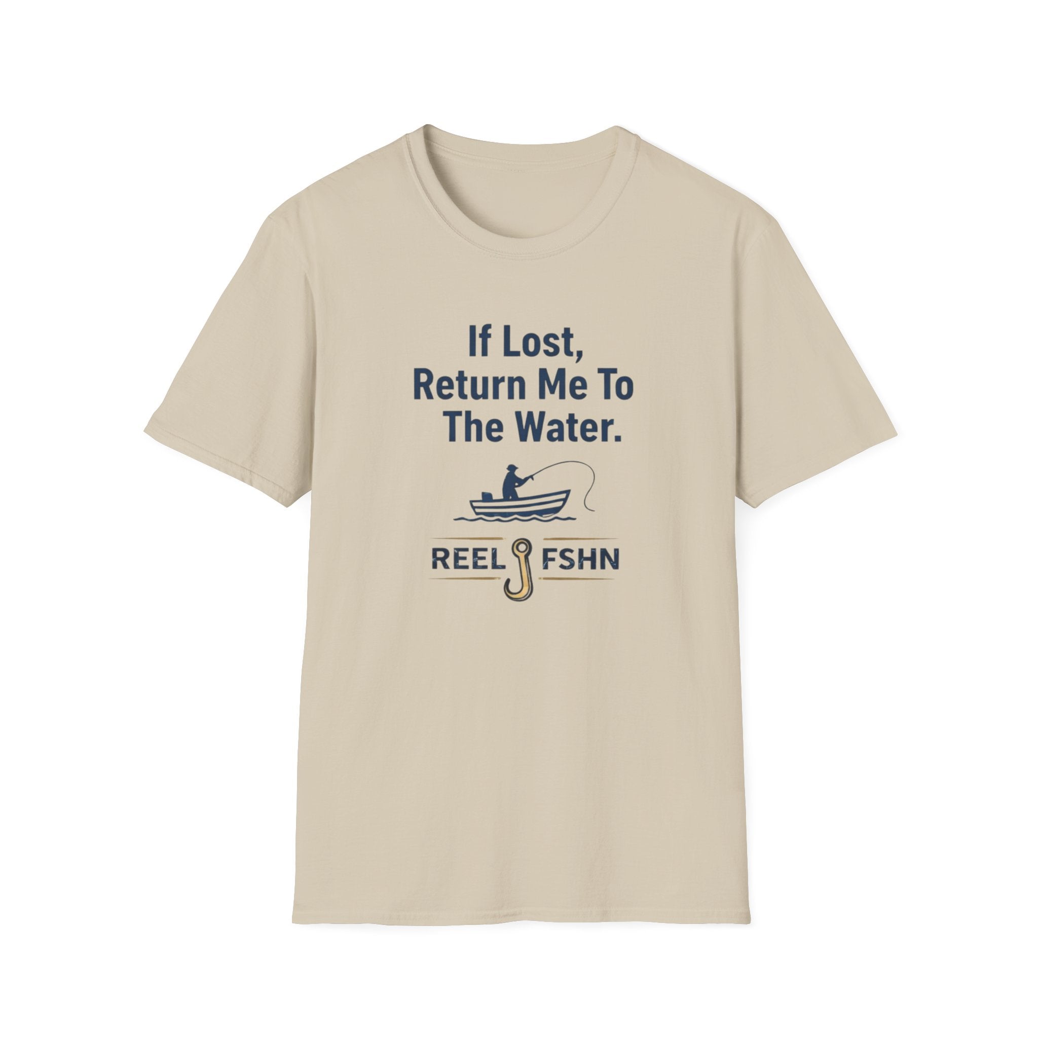 Comfort Colors sand t-shirt with "If Lost, Return Me To The Water" text, a fishing boat graphic, and "REEL FSHN" with a fishing hook.