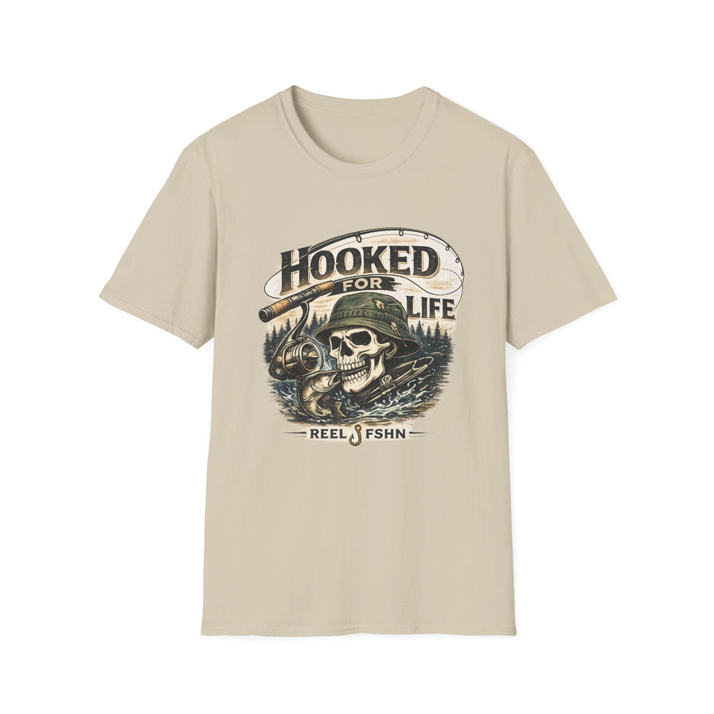 Comfort Colors "Hooked For Life" t-shirt in sand, featuring a fishing skeleton design with a rod and reel.