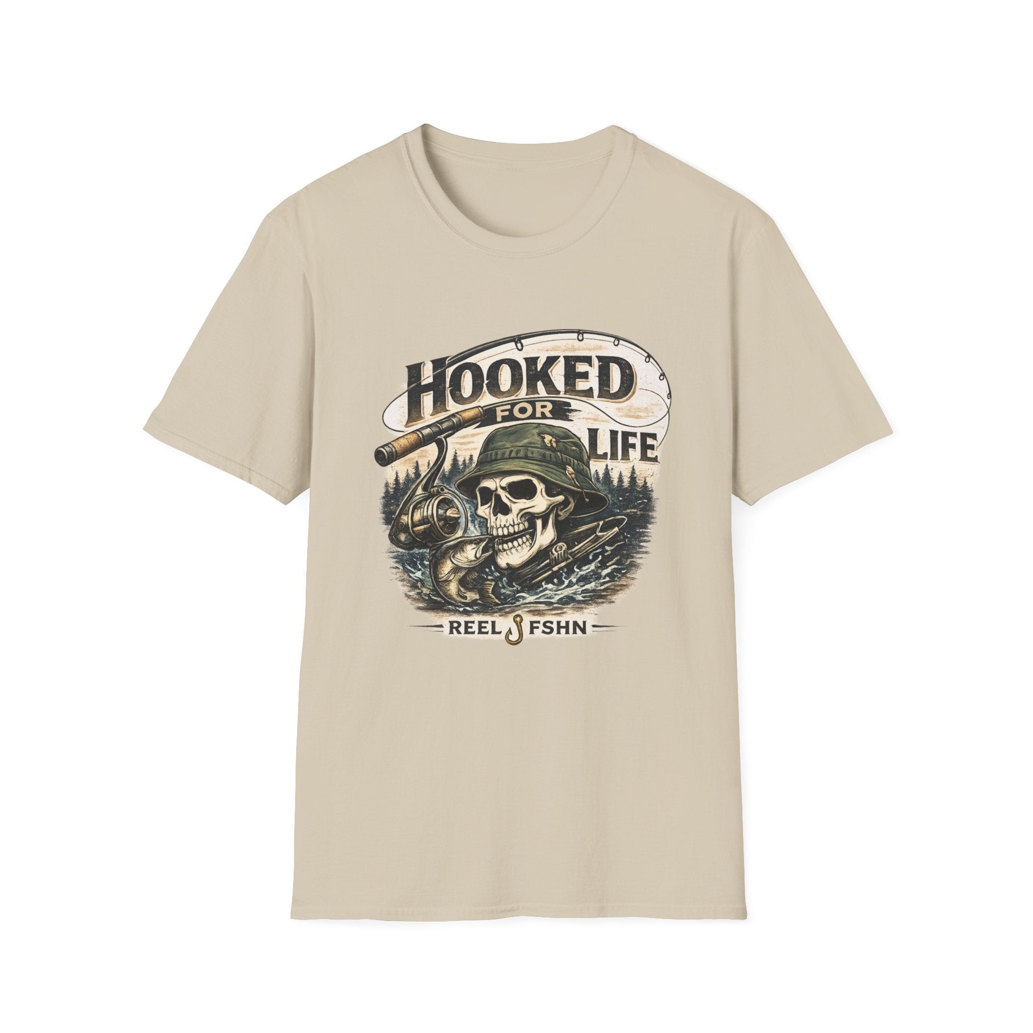 Comfort Colors "Hooked For Life" t-shirt in sand, featuring a fishing skeleton design with a rod and reel.