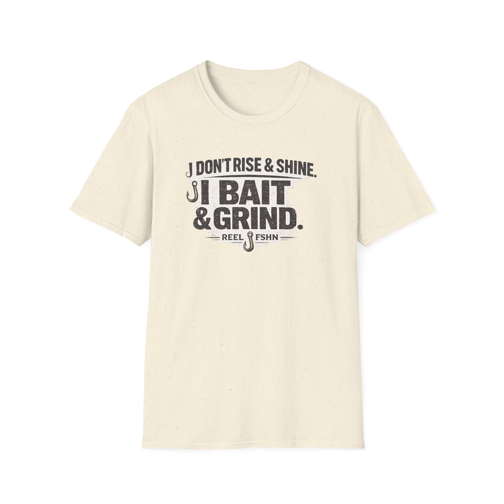 Comfort Colors unisex cream t-shirt with "I Don't Rise & Shine, I Bait & Grind" graphic and fishing hooks.