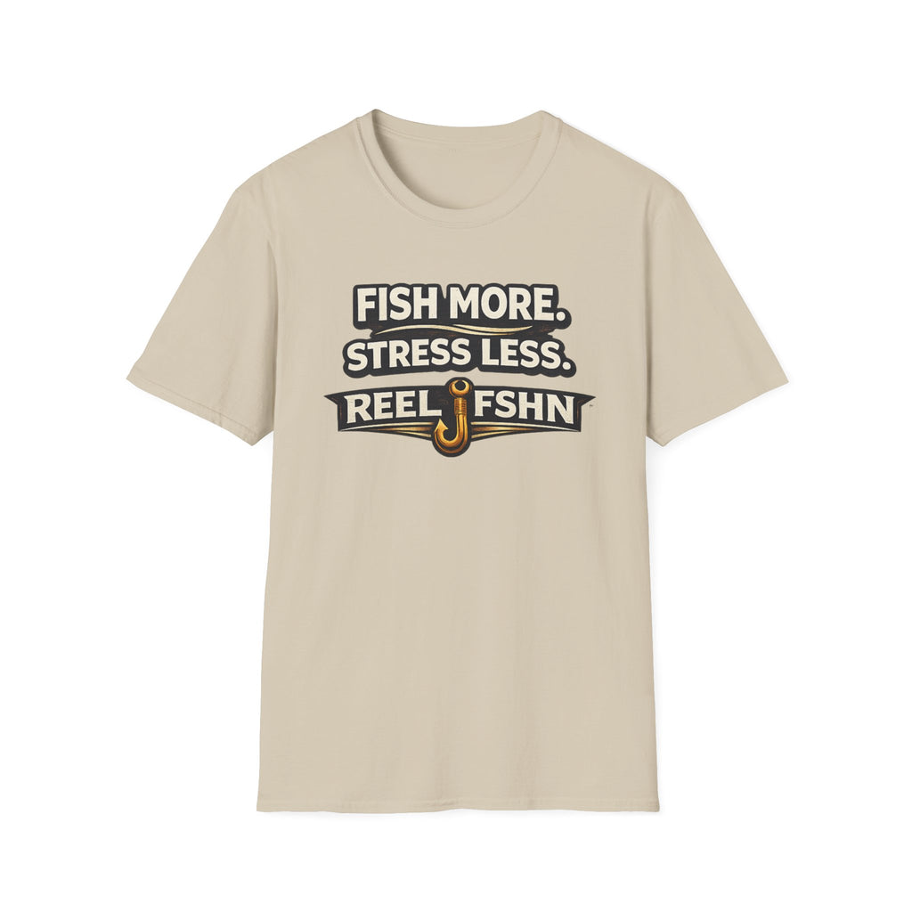 Comfort Colors unisex t-shirt in sand, featuring "FISH MORE. STRESS LESS. REEL FSHN" with a fishing hook graphic.
