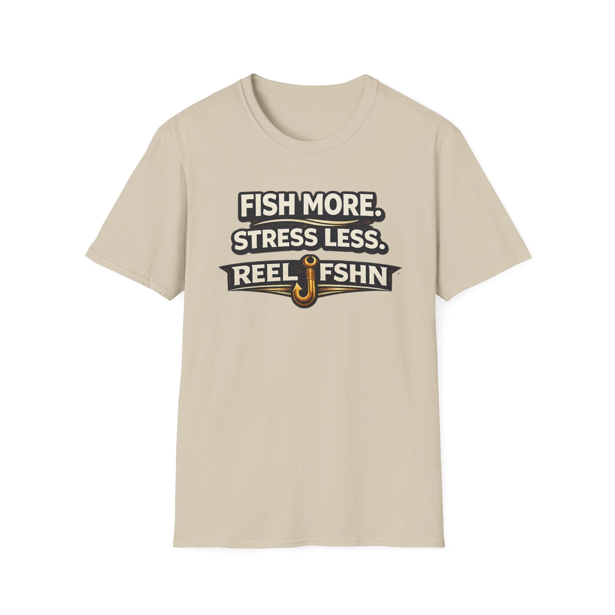 Comfort Colors unisex t-shirt in sand, featuring "FISH MORE. STRESS LESS. REEL FSHN" with a fishing hook graphic.