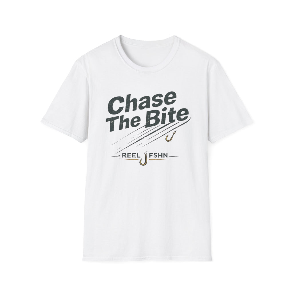 White Comfort Colors unisex t-shirt with "Chase The Bite" and fishing hook graphic.