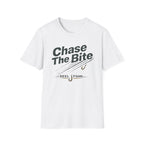 White Comfort Colors unisex t-shirt with "Chase The Bite" and fishing hook graphic.