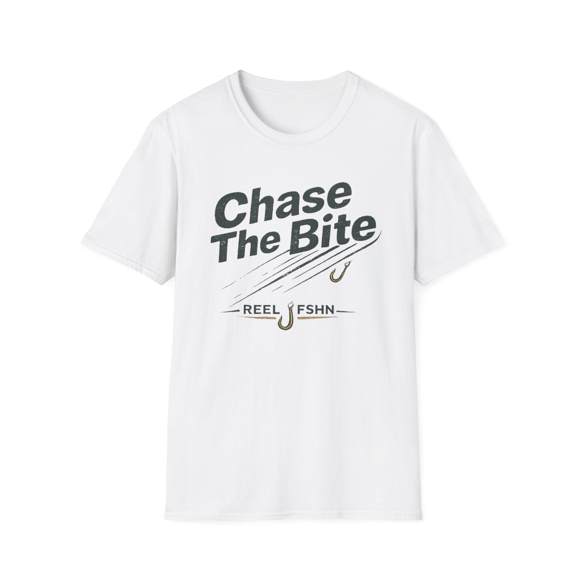 White Comfort Colors unisex t-shirt with "Chase The Bite" and fishing hook graphic.