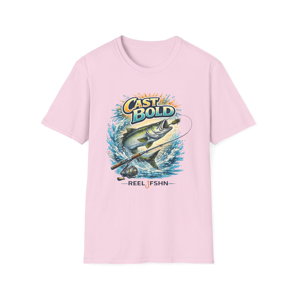 Pink Comfort Colors "Cast Bold" t-shirt with a graphic of a tarpon jumping from water, a fishing rod, and "REEL FSHN".