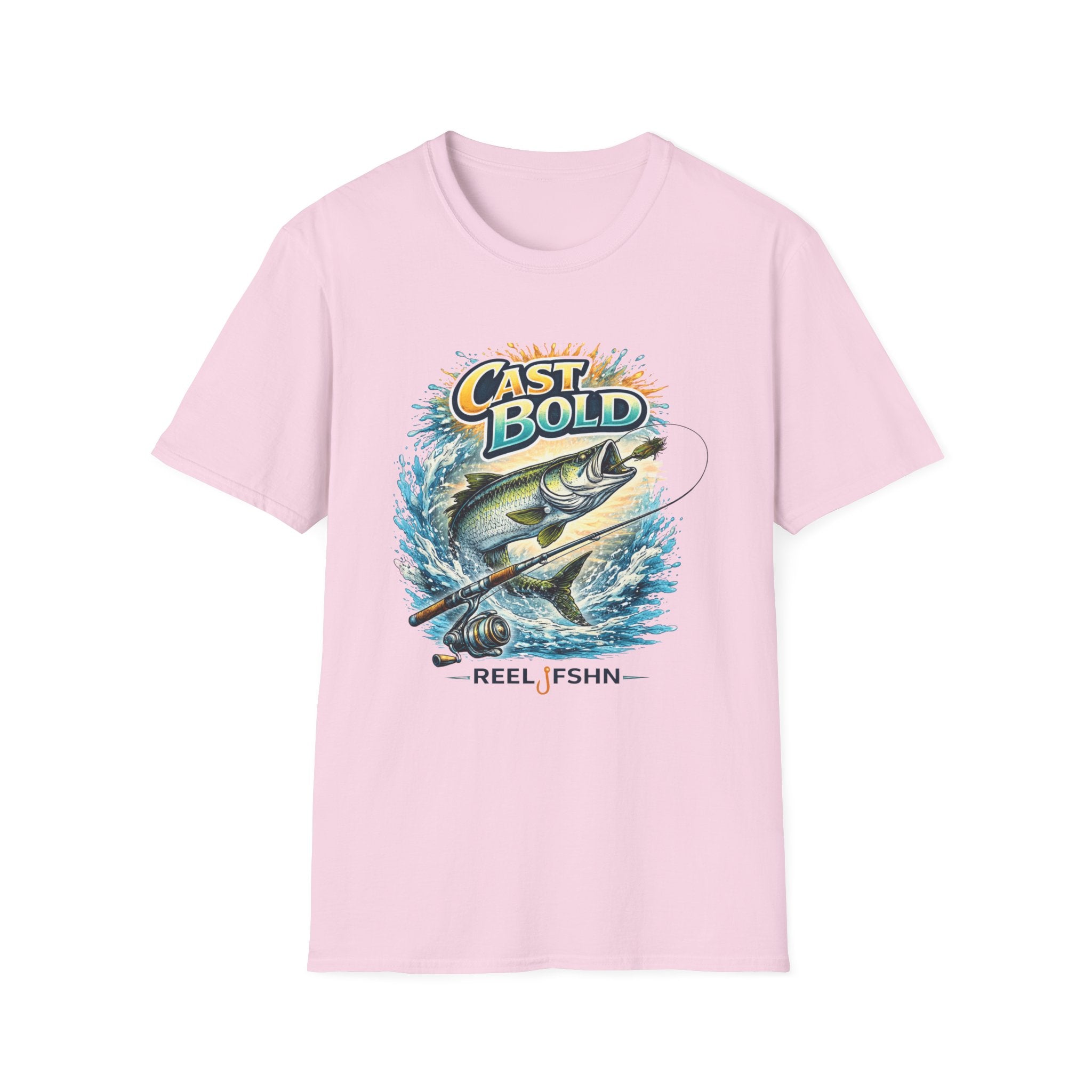 Pink Comfort Colors "Cast Bold" t-shirt with a graphic of a tarpon jumping from water, a fishing rod, and "REEL FSHN".